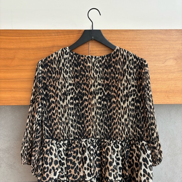 GANNI Pleated Leopard Print Georgette Mini Dress, Size M - Picture 14 of 16
